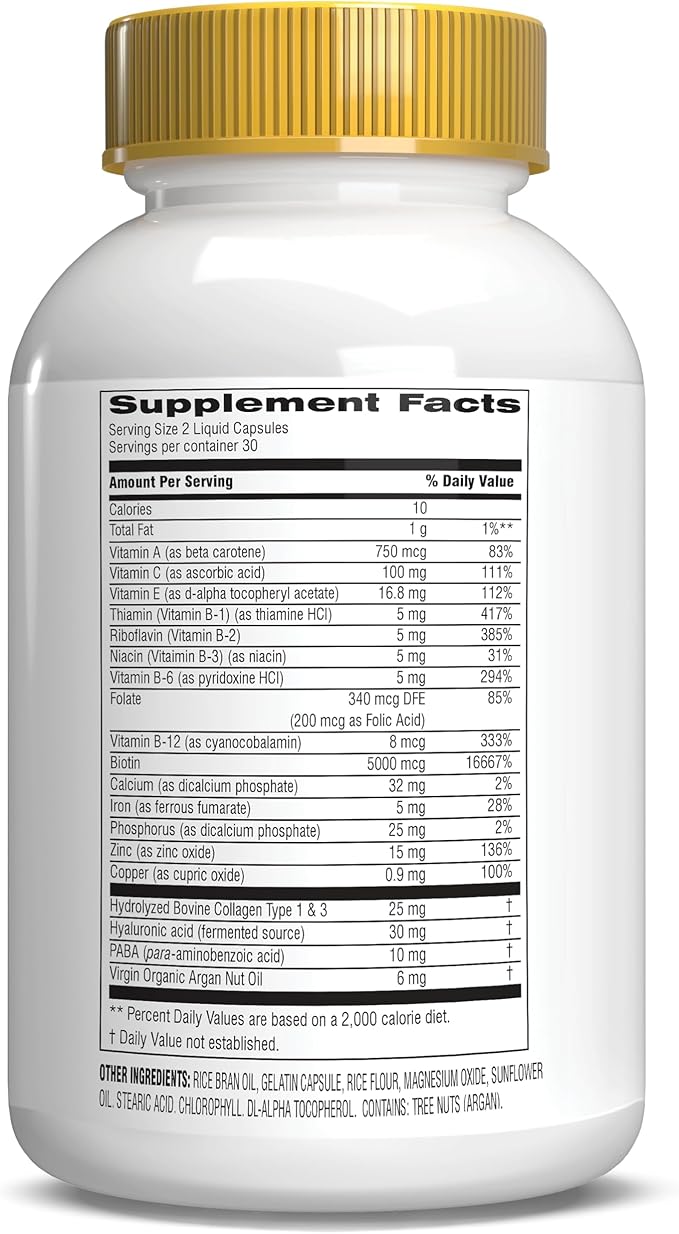 Botanic Choice Hair Skin and Nails Vitamins - Biotin Supplement with Collagen, Vitamin C, & Iron - Super Antioxidant Blend with Argan Oil & Hyaluronic Acid - 60 Liquid Capsules