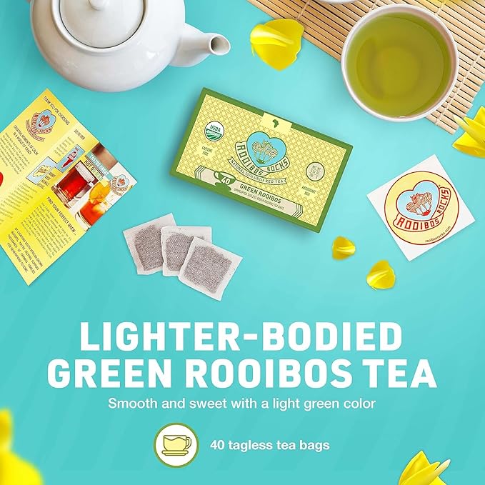 Organic Green Rooibos Tea Bags - 40 Rooibos Green Tea Bags – Naturally Sweet Herbal Tea Rich in Antioxidants – Kid & Pregnancy Safe Tea - USDA Organic Rooibos Tea, Lighter-Bodied Caffeine Free Tea