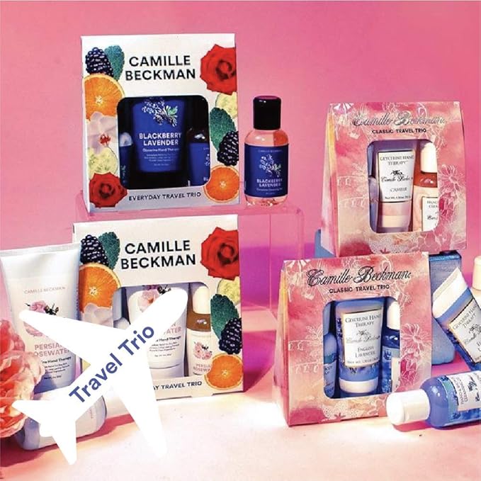 Camille Beckman Classic Collection Travel Trios, English Lavender, Glycerine Hand Therapy 1.35 oz, Silky Body Cream 2 oz, Hand & Shower Cleansing Gel 2 oz