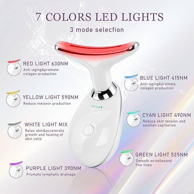 7 Color Facial and Neck Massager, Multifunctional Facial Skin Care Tool, Face Neck Massager for Daily Skin Care Routine, Facial Massager Tool (White)