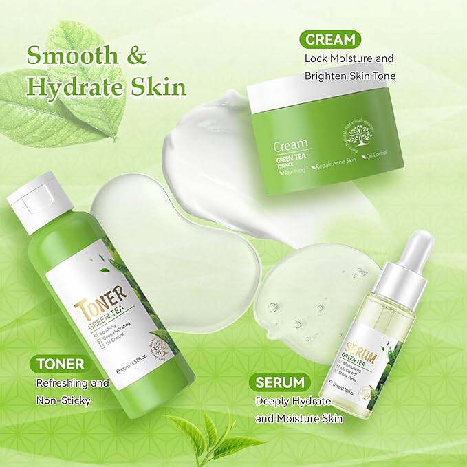 Skin Care Set, Green Tea Skin Care Sets & Kits, Skin Care for Teenage Girls Gift Set with Cleanser, Toner, Serum, Eye Cream, Facial Cream, Facial Skin Care Sets & Kits for Teenage Girls Women