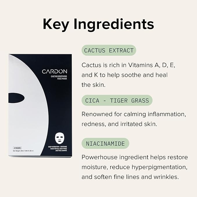 Cardon Cactus Soothing Sheet Mask | Korean Sheet Masks for Sensitive Skin Post-Shave | Korean Skin Care Mask | Vitamin E, Cactus Extract, Heartleaf, Cica | 4-Pack