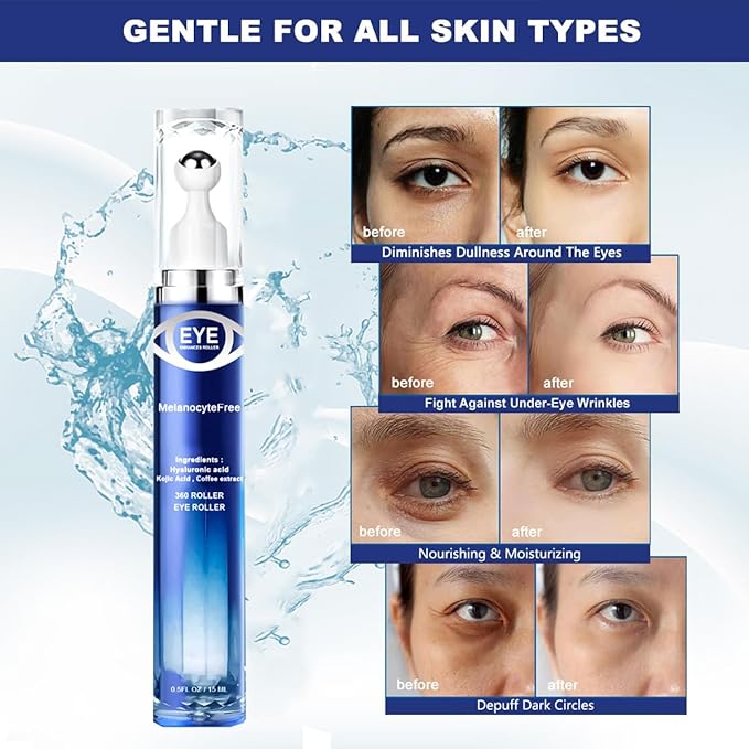 5% Caffeine Eye Serum Anti Aging, Eye Serum with Acid Niacinamide peptides for Puffy Eye Bags Fine Lines Dark Circles Wrinkles, Under Eye Cream with 360° Eye Roller Massage Ball for Men& Women