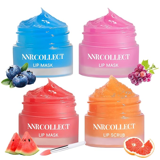 Lip Mask Set, 1 Lip Scrub +3 Overnight Lip Mask, Lip Glowy Balm and Scrub for Women, Exfoliating and Hydrating Dry, Chapped, Crack Lips, 4 Pack Lip Skincare Gift Set