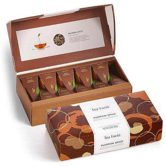 Tea Forte Pumpkin Spice Black Tea Petite Presentation Box Mother's Day Tea Gift Set Sampler, 10 Individually Wrapped Handcrafted Pyramid Infuser Bags