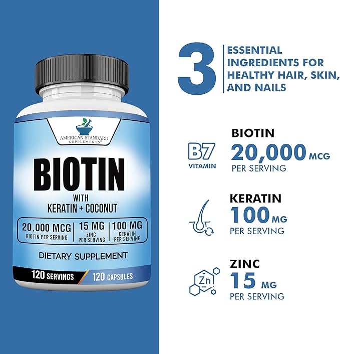 Biotin 20,000mcg with Keratin, Coconut Powder and Zinc, Hair Growth Supplements, Biotin Supplements, Healthy Hair Skin & Nails for Adults,120 Veggie Capsules, 120 Day Supply