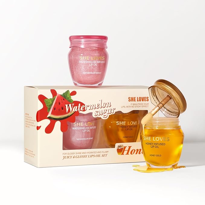 2PCS Honey Lip Oil Set, Bee Balm Lip Balm Honey Pot Lip Treatment, Clear Lip Oil Lip Moisturizer for Very Dry Lips, Hydrating Lip Oil Gift Set, Nourishing Lip Glow Oil Lip Repair Lip Care Products