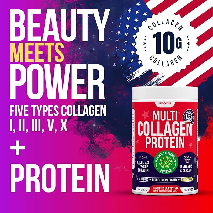 Multi Collagen Peptides with Probiotics + Type I, II, III, V, X + Hydrolyzed Collagen Powder with Vitamin C+D3+B7+K2+E Hyaluronic Acid, Supports Skin Hair Nail & Joint, Grass-Fed, Non-GMO (2)