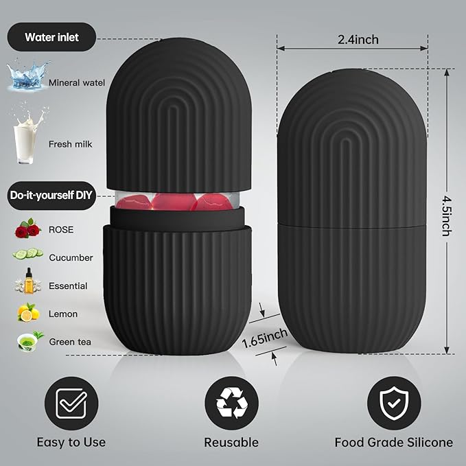 Ice Roller for Face and Eye，Ice Cube Roller Massager for Skin Women Care Tools, Naturally Conditioning De-Puff Eye Bags, Reduce Migraine Pain， Reusable Massage Silicone Ice Mold （Black）