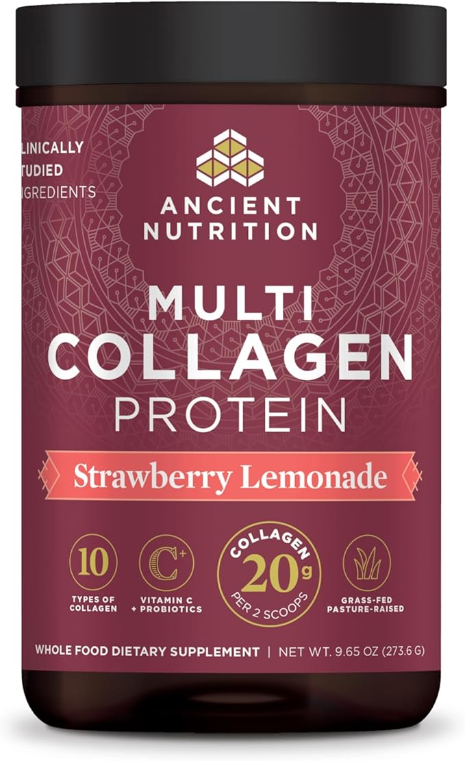 Ancient Nutrition Collagen Peptides Powder, Multi Collagen Protein, Women & Men, Vitamin C, Probiotics, Hydrolyzed Collagen, Supports Skin, Joints, Gut Health, Strawberry Lemonade, 24 Servings