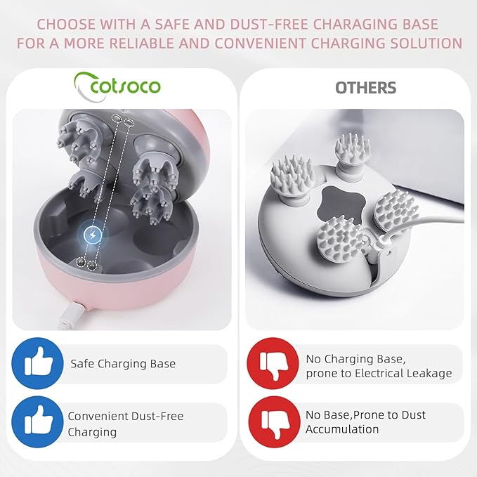 cotsoco Electric Scalp Head Massager, Scalp Hair Massage Waterproof Head Massager with 4 Heads 84 Nodes for Hair Growth and Stress Release Massage Pink