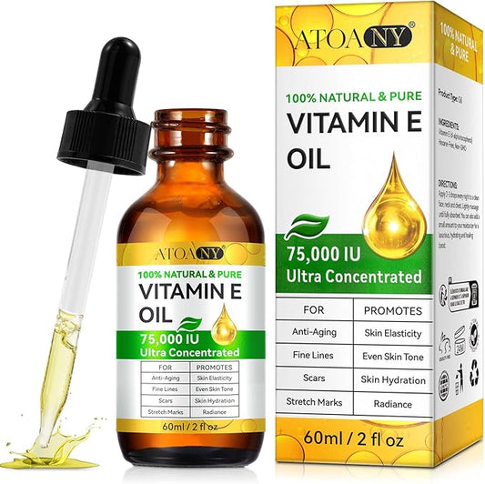 Vitamin E Oil 75,000 IU, Vitamin E Oil for Skin, Scars, Face, Reduce Fine Lines & Scars, Moisturizing Skin, Easy to Absorb, Pure Natural Body Oil 2 fl oz