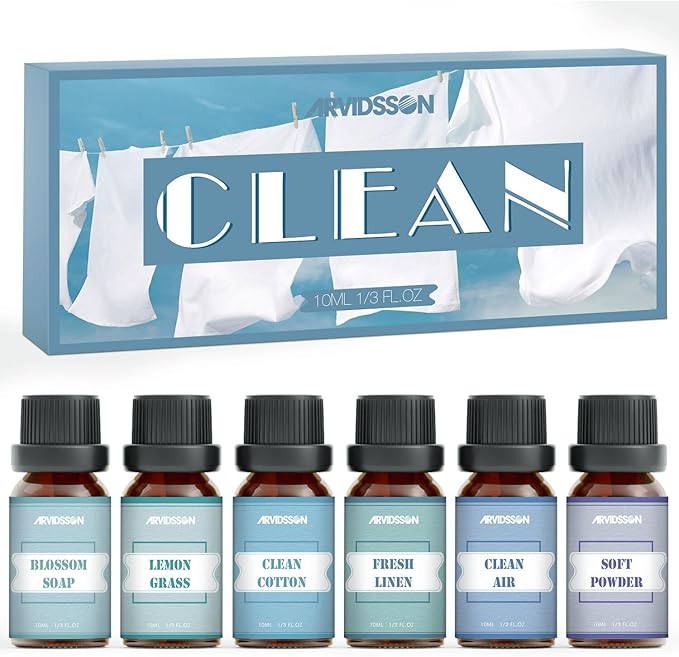 Clean Essential Oils Set, ARVIDSSON Natural Fragrance Oil for Diffuser, Soap Making - Clean Cotton, Fresh Linen, Lemongrass, Soft Powder, Blossom Soap