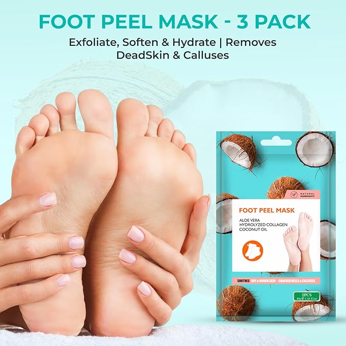 Happy Feet Foot Peel Mask, Original Exfoliate Foot Mask, Callus Remover for Rough Cracked Dry Feet Dead Skin, Coconut 03 Packs