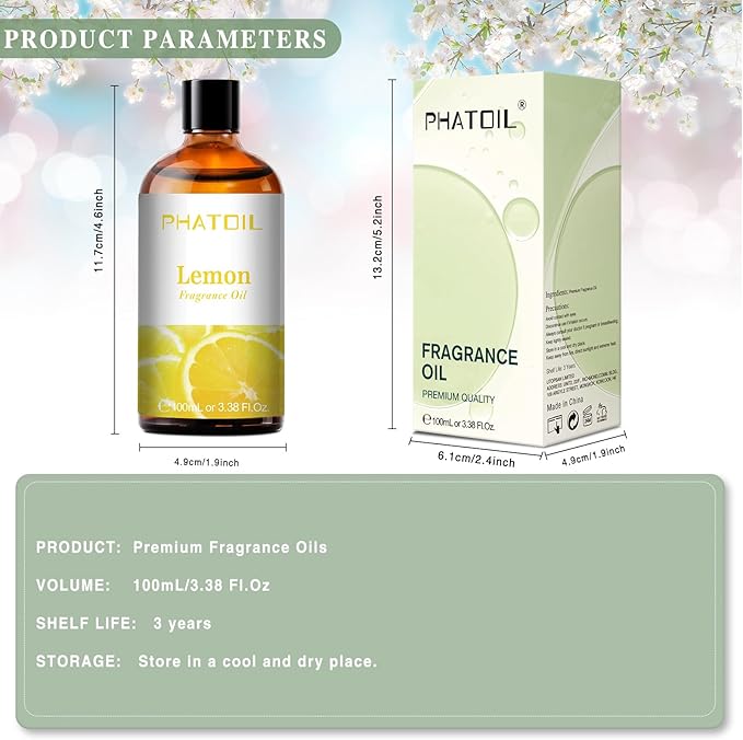 100ML Lemon Fragrance Oils for Aromatherapy, Diffuser Oils for Home, Perfect for Humidifier, Yoga, DIY Candle and Soap Making - 3.38FL.OZ