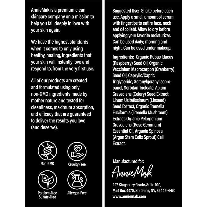 AnnieMak Reverse Anti Aging Serum for Face, Deep Moisturizer Skin Care for Women, Helps Reduce Wrinkle, Dark Spots & Facial Lines, Moisturizing & Hydrating, Promotes Collagen (1 fl oz)