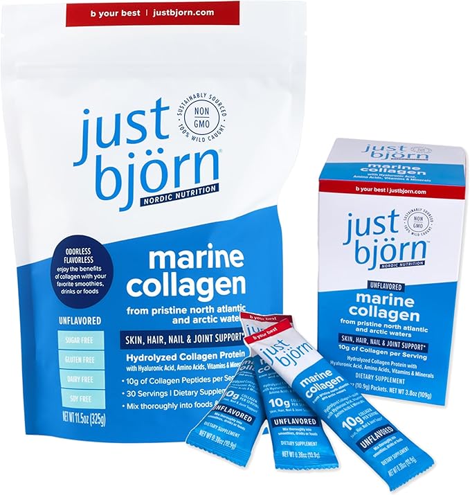 Just Bjorn Marine Collagen Peptide Powder On-The-go Stick Packs (10ct) Marine Collagen Peptide Powder 30 Serving Pouch (11.5 oz) | Skin, Hair, Nail and Joint Support + Hyaluronic Acid