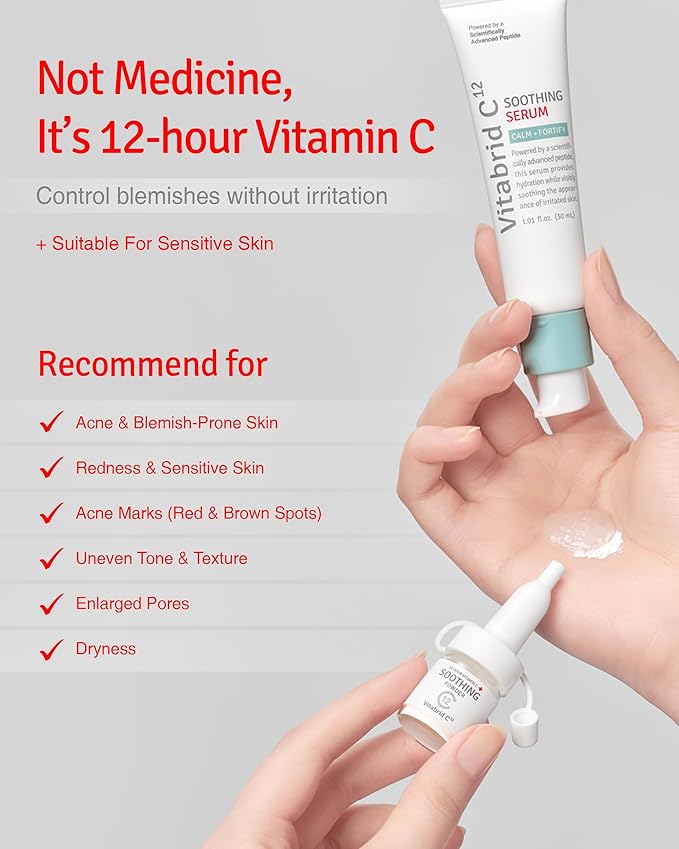 12 Hour Vitamin C Soothing Serum for Acne & Blemish-Prone Sensitive Skin - Improves Sebum, Pores and Redness - Peptides, Niacinamide, Madecassoside, 1.01 fl.oz. Powder 0.04oz.