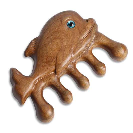 Natural Wood Wide Tooth Hair Comb Head Scalp Massage No Static Green Sandalwood Hair Pick Wooden Comb for Women Men Kids Hair Neck Hands Legs Caring Tool (Cute Shark), Brown