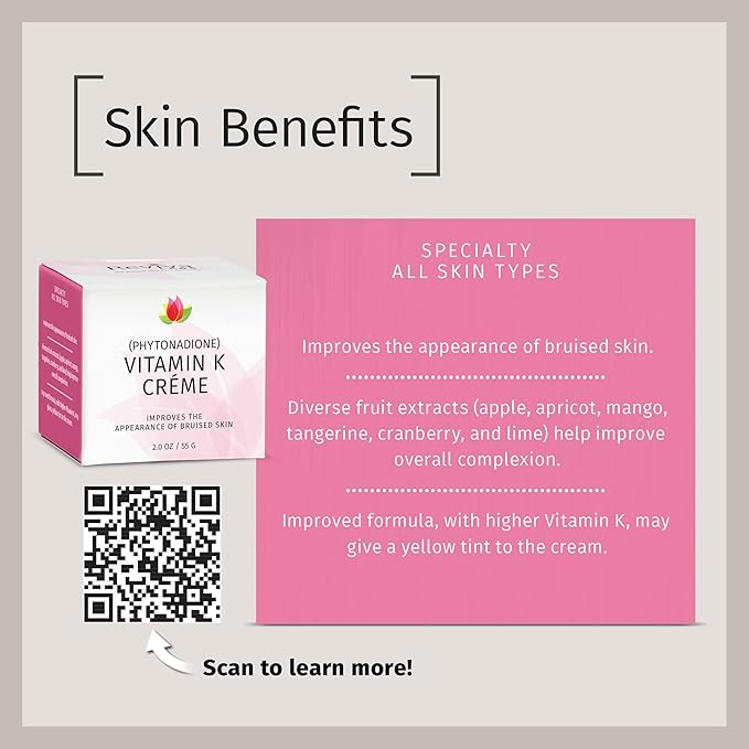 Reviva Labs Vitamin K Crème for Bruising, Under-Eye Dark Circles, and Wrinkles with Soybean Oil and Natural Fruit Extracts - 2 Oz, for Skin and Face