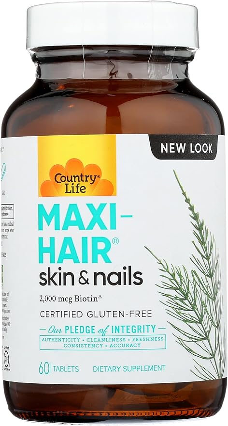 Country Life Maxi-Hair Supplement - 2000mcg Biotin & Vitamins for Hair, Skin & Nails - Certified Gluten-Free & Vegetarian - Supports Hair Growth, 60 Tablets