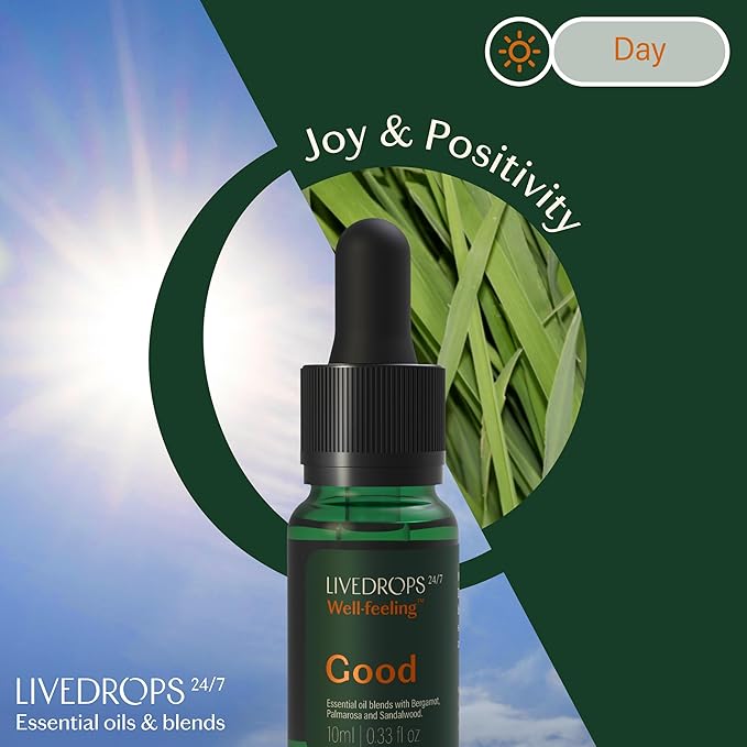 LIVEDROPS 24/7 Good Essential Oil Blend - Bergamot, Palmarosa & Sandalwood – Natural Aromatherapy for Positivity & Focus – Crafted in France by Perfumers – Skin-Safe & Diffuser Compatible