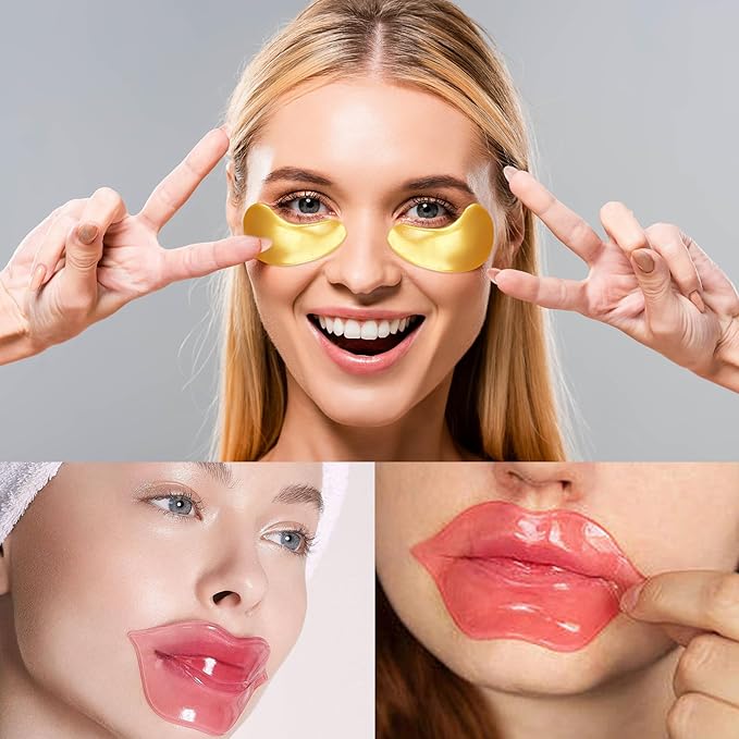 Adofect 40 Pairs Under Eye Patches and Lip Mask 24K Gold Eye Mask for Puffy Eyes Collagen Lip Masks and Crystal Eye Mask Reducing Fine Lines for Women and Men (Gold and Pink)