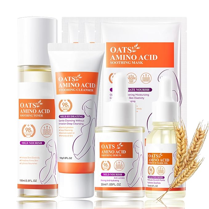 Oats Skincare Set Mom Women Gift - Pregnancy Must Haves - 7PCS Skin Care Set - Anti-Wrinkle New Mom Gifts - Skin Care Products - Skin Care Kit with Toner, Stretch Mark Oil, Serum, Face Mask
