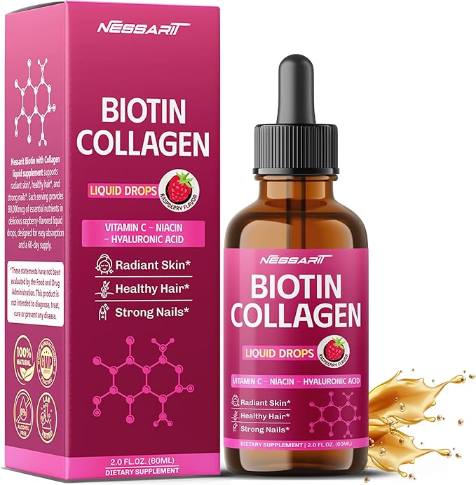 Biotin Collagen Liquid Drops 80,000mcg - Vitamin C, Niacin, Hyaluronic Acid - Radiant Skin, Healthy Hair, Strong Nails - Raspberry Flavor - Made in USA - 2.0 fl oz (60ml)