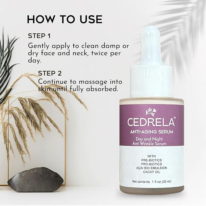 Cedrela Anti-aging Serum Day Night Anti-wrinkle prebiotics probiotics Naturak bakuchiol acai bio emulsion cacay oil plumps skin antioxidant vegan paraben-free 1 oz Suero antiedad probioticos