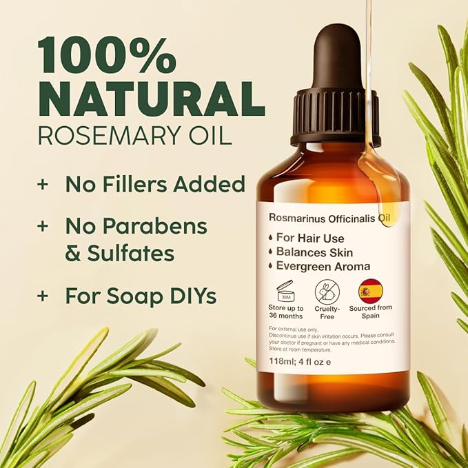 100% Pure & Natural Rosemary Oil for Hair, Skin, Aromatherapy & DIY Soap Making (4 Fl Oz / 118 ml)