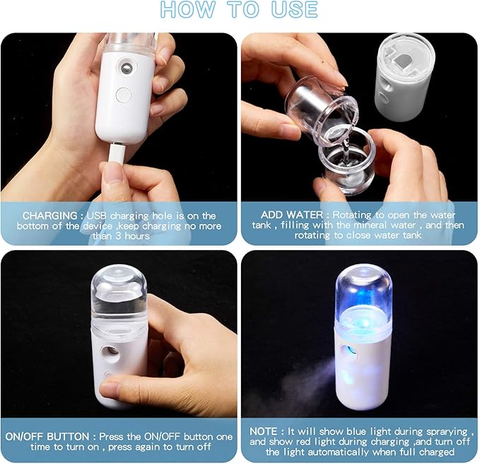 Honoson 2 Pieces Nano Facial Mister 30 ml Mini Face Humidifier Portable Facial Sprayer USB Rechargeable Handy Skin Care Machine for Face Hydrating, Daily Makeup (White)