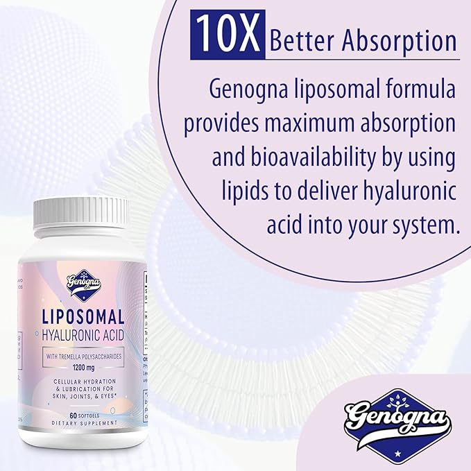 Liposomal Hyaluronic Acid Supplements 1000mg-High Bioavailable Dietary Hyaluronic Acid Capsules-with 200 mg Tremella Polysaccharides for Double Strength Skin Hydration,Joint Lubrication,2 Pack