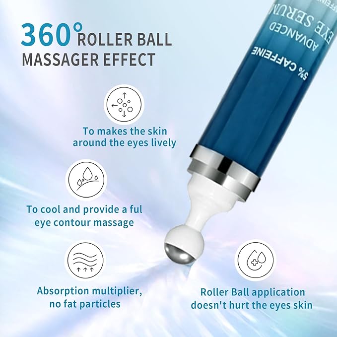 5% Caffeine Eye Serum for Dark Circles,Under Eye Cream with 360°Eye Roller for Eye Bags & Puffiness- Eyes Treatment Serum for Women Create a Natural Charm for Your Eyes(0.76 fl. oz.)