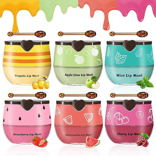 6 PCS Bee Lip Balm Honey Pot, Honey Strawberry Watermelon Apple Lime Mint Cherry Lip Mask Propolis Moisturizing Sleeping Lip Mask Overnight with Sticks, Honey Lip Balm Prevention Dry