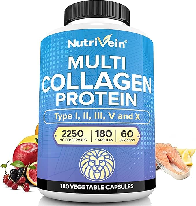 Nutrivein Premium Multi Collagen Pills 2250 mg - 180 Easy-to-Swallow Collagen Capsules: Type I, II, III, V, X Hydrolyzed Protein Peptides for Women and Men - Aging, Joints, Hair, Skin, Bones, & Nails
