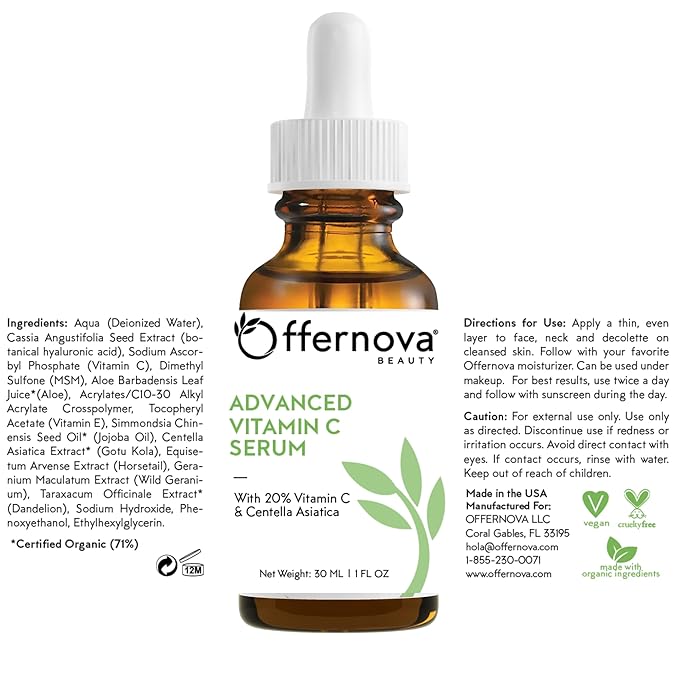 Organic Vitamin C Serum - 20% Vit C and Hyaluronic Acid Anti Aging Serum for Face, Eyes and Neck. Enhanced Absorption Dark Spot Corrector for Youthful Looking Skin, 1 oz