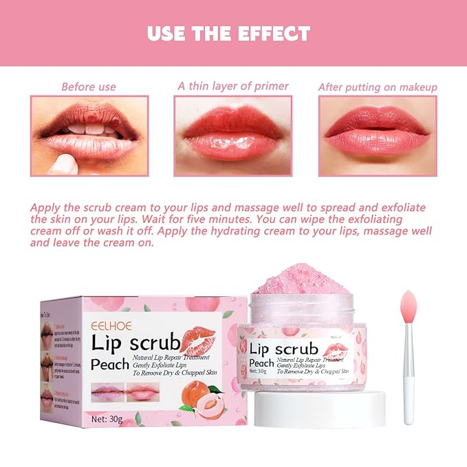 Lip Scrub, Lip Scrubs Exfoliator and Moisturizer with Lip Brush, Natural Gentle Lip Treatment, Peach Sugar Lip Scrub for Dry, Cracked and Dark Lips