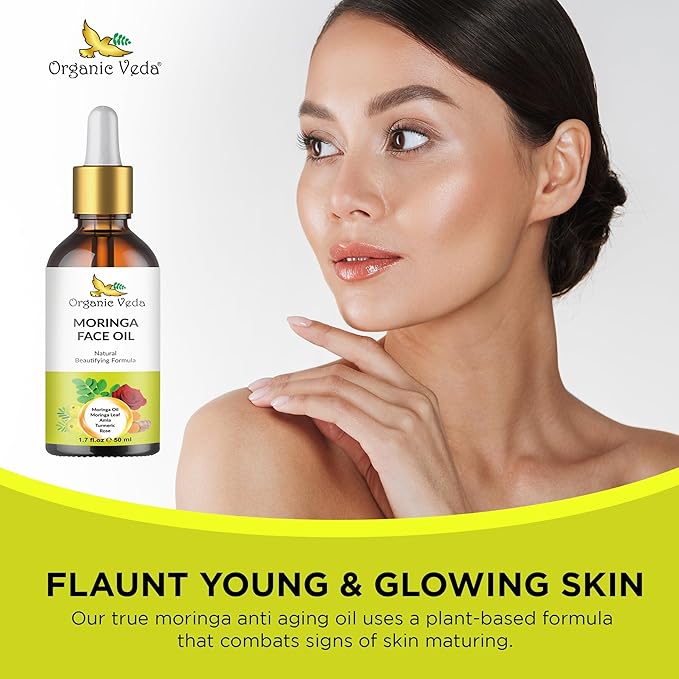 Organic Veda Moringa Face Oil - Hydrating, Fast Absorbing, Miracle Tree Antioxidants, Facial Serum - Organic Moringa Oil, Turmeric, Rose -Anti-Aging, Non-Greasy Day & Night Beautifying Oil -50ml