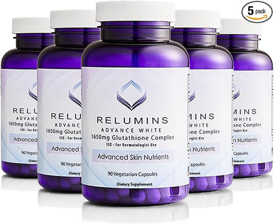 Relumins L-Glutathione Complex 1650mg - Antioxidant Support with Alpha Lipoic Acid, NAC, L-Methionine, Vitamin E - Halal & cGMP Certified, Skin Health Supplement - 90 Vegetarian Capsules x 5 Bottles