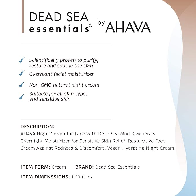 Dead Sea Essentials Mud Night Cream, Hydrating Moisturizing Vegan Skin Care, Cruelty free - 1.69 Fl oz, 50 ml