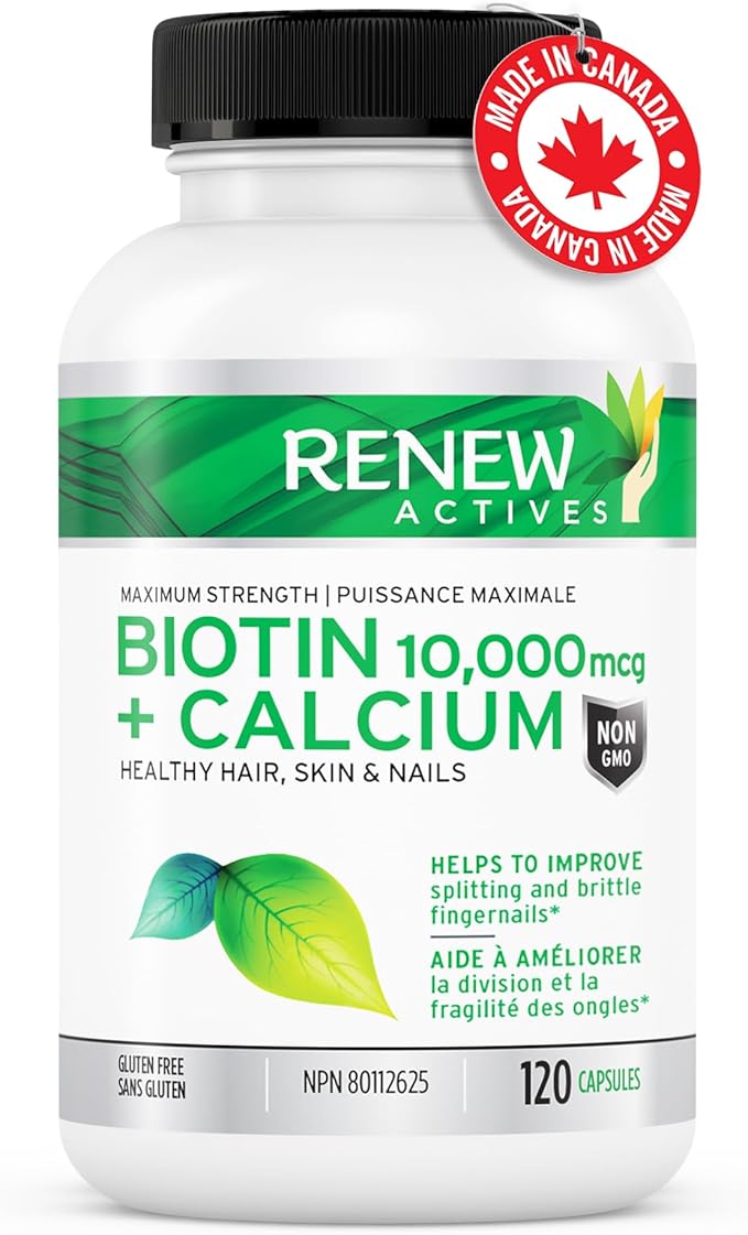 Renew Actives Biotin & Calcium 10000MCG per Serving – Supplements for Hair, Nail & Skin Care – Promotes Bone & Teeth Health – Helps Prevent Biotin Deficiency - Made in Canada – 120 Capsules