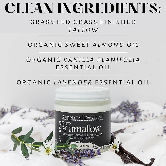 100% Grass Fed Beef Tallow for Skin Care - Face + Body - Whipped Moisturizer - Natural Lotion, 4 FL. oz. (Vanilla Lavender)