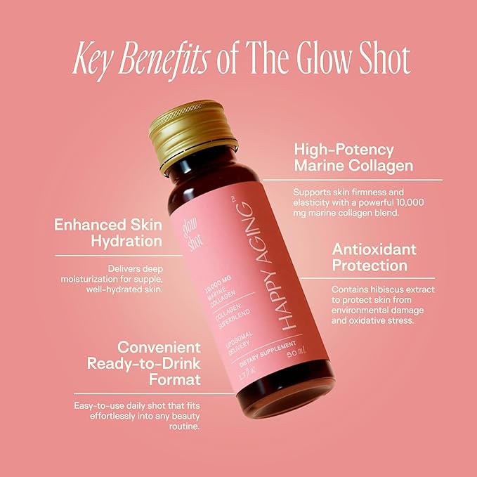 Glow Shot, 10,000mg Marine Collagen Peptides, Liposomal Delivery, Promotes Skin Hydration, Elasticity & Radiance, Supports Hair & Nails, Ready-to-Drink, No Sugar, Non-GMO, 30 Shots