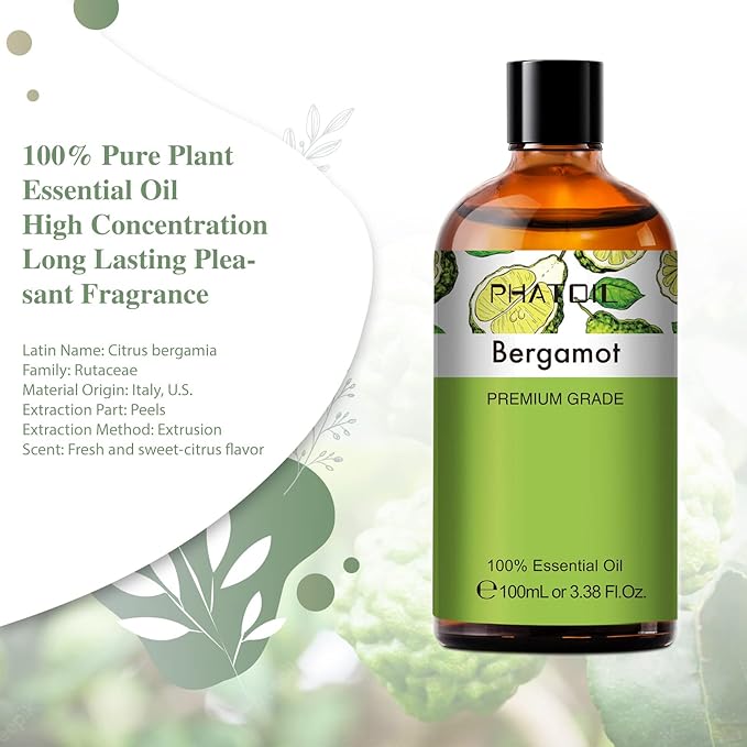 3.38FL.OZ Bergamot Essential Oil, for Aromatherapy Diffusers, Humidifiers, Great for DIY Candle and Soap Making, Huge 100ML Bottle