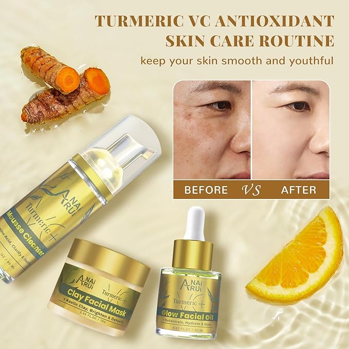 ANAI RUI Turmeric Facial Skincare Set, Mother's Day Gift for Women, Turmeric & Vitamin C Clay Mask for Dark Spot, Moisturizing Facial Oil, Turmeric Face Cleanser, Skincare Gift Set for Women