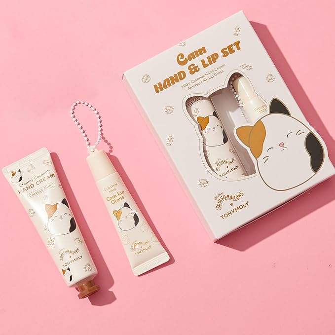 TONYMOLY x Squishmallow Cam the Cat 2PC Hand Cream & Lip Gloss Set, Coconut Milk Hand Cream, Frosted Milk Lip Gloss