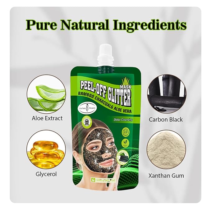 AICHUN BEAUTY Bamboo Charcoal Aloe Vera Peel-Off Glitter Mask Oil-Control Anti-Acne Moisturizing Detox Cleansing 10 minutes Facial Therapy 120ml/4.06fl.oz