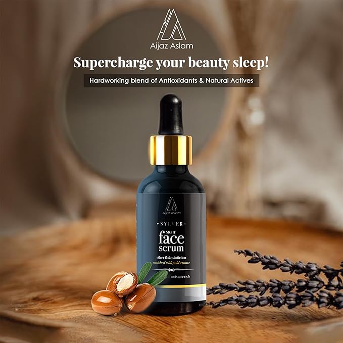 AIJAZ ASLAM Sylver Night Face Serum – 30ml (1.01 fl Oz) – Enhanced with Silver Flakes & Gold Extracts - Anti-Aging - Maintains Healthy Skin – Deeply Nourishes – Best for all Skin Types