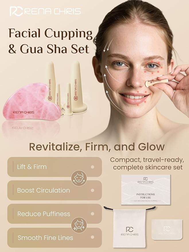 Rena Chris Facial Cupping Set & Gua Sha Facial Tool - Silicone Cupping Set & Rose Quartz Gua Sha Stone - Face Cupping Therapy Set for Natural Skin Care, Puffiness, Lip Plumping(Pink)